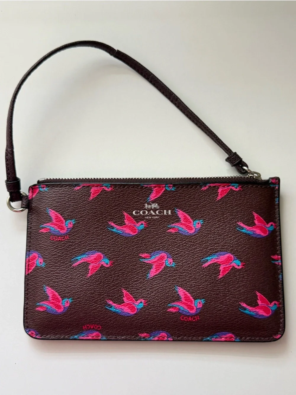 Coach Happy Bird Print Leather Wristle Wallet in Oxblood Brown & Pink Women’s OS